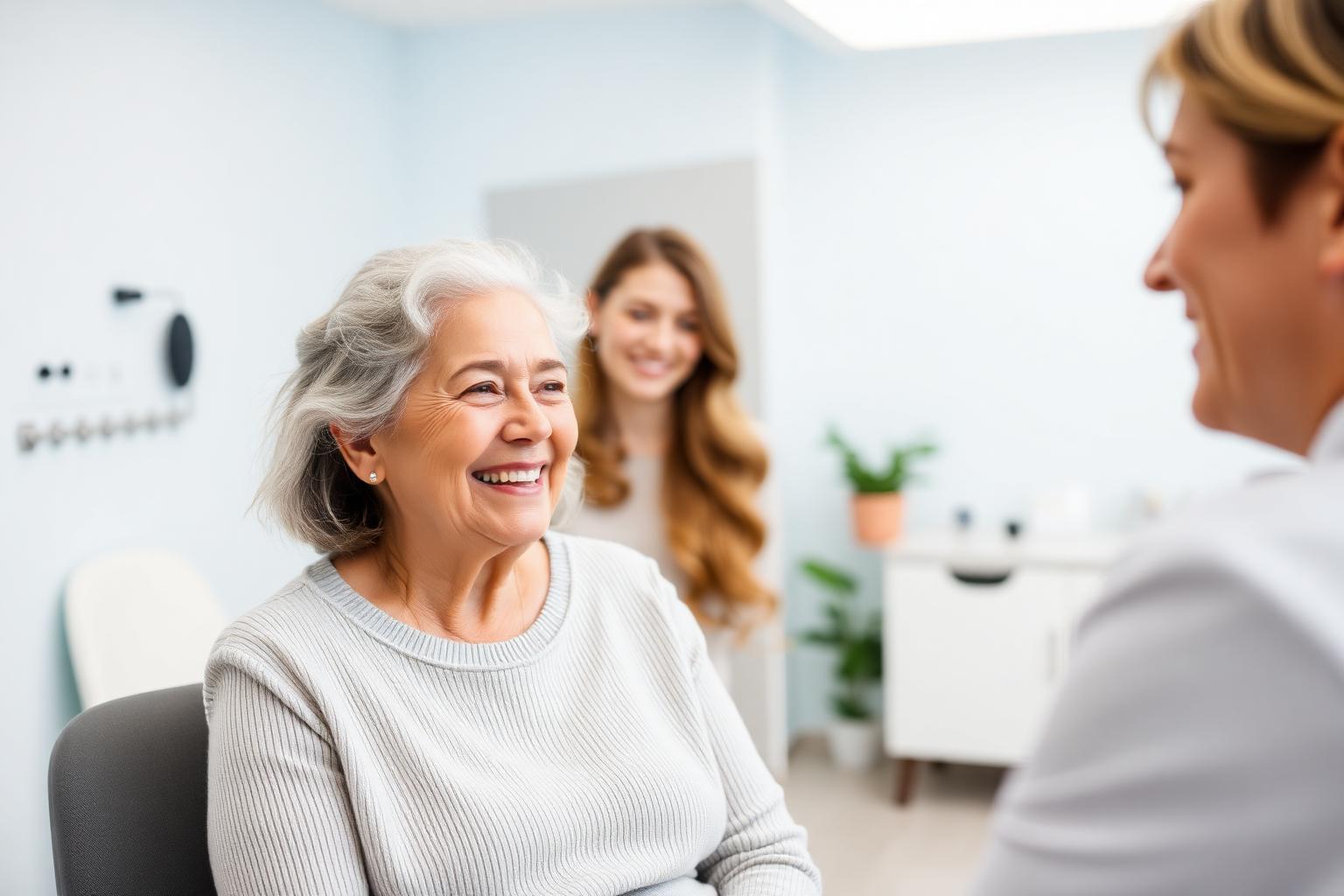 Senior souriante lors d'un bilan auditif